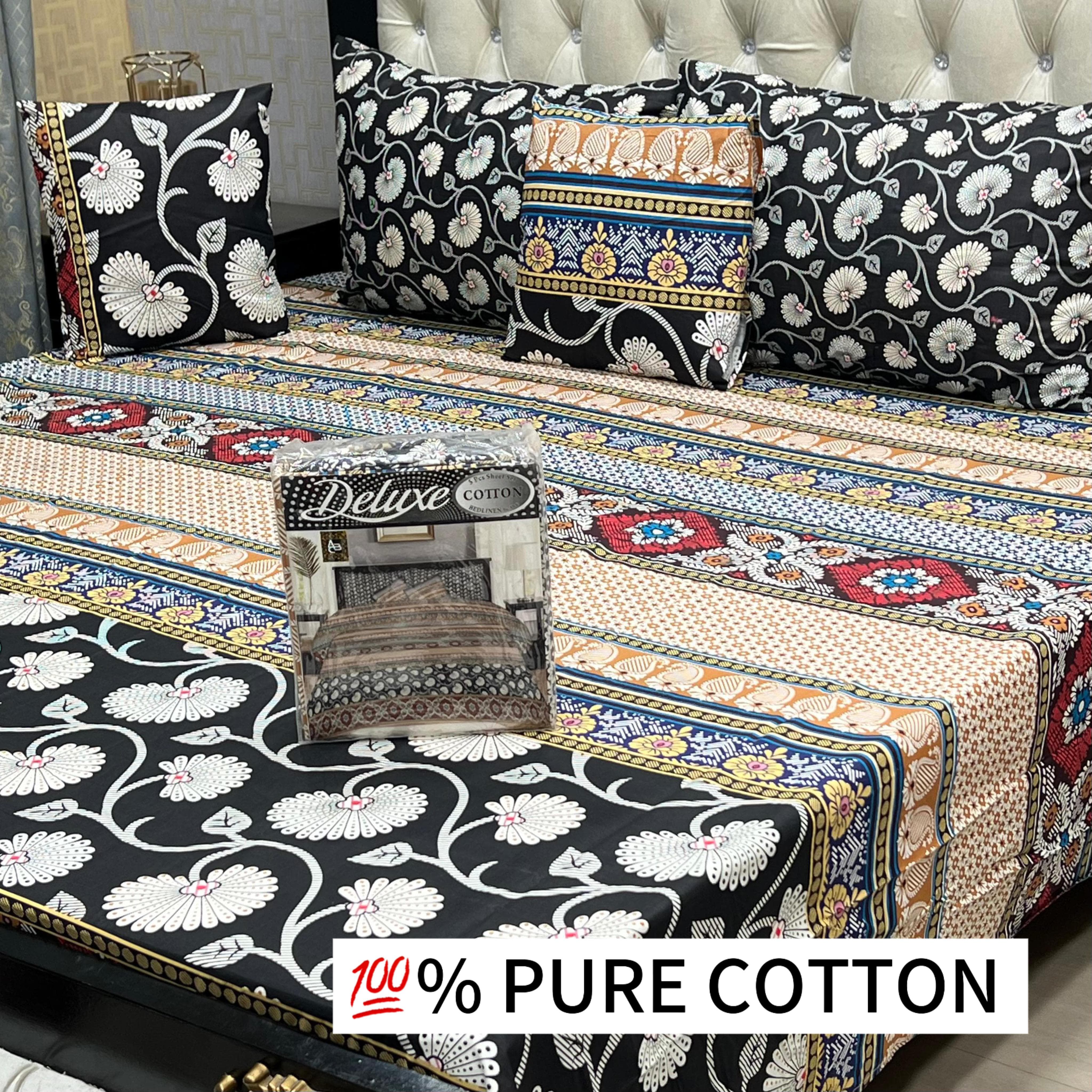 5-Piece Pure Cotton Bedsheet Set – With Piping Pillows & Cushions (1 Set)
