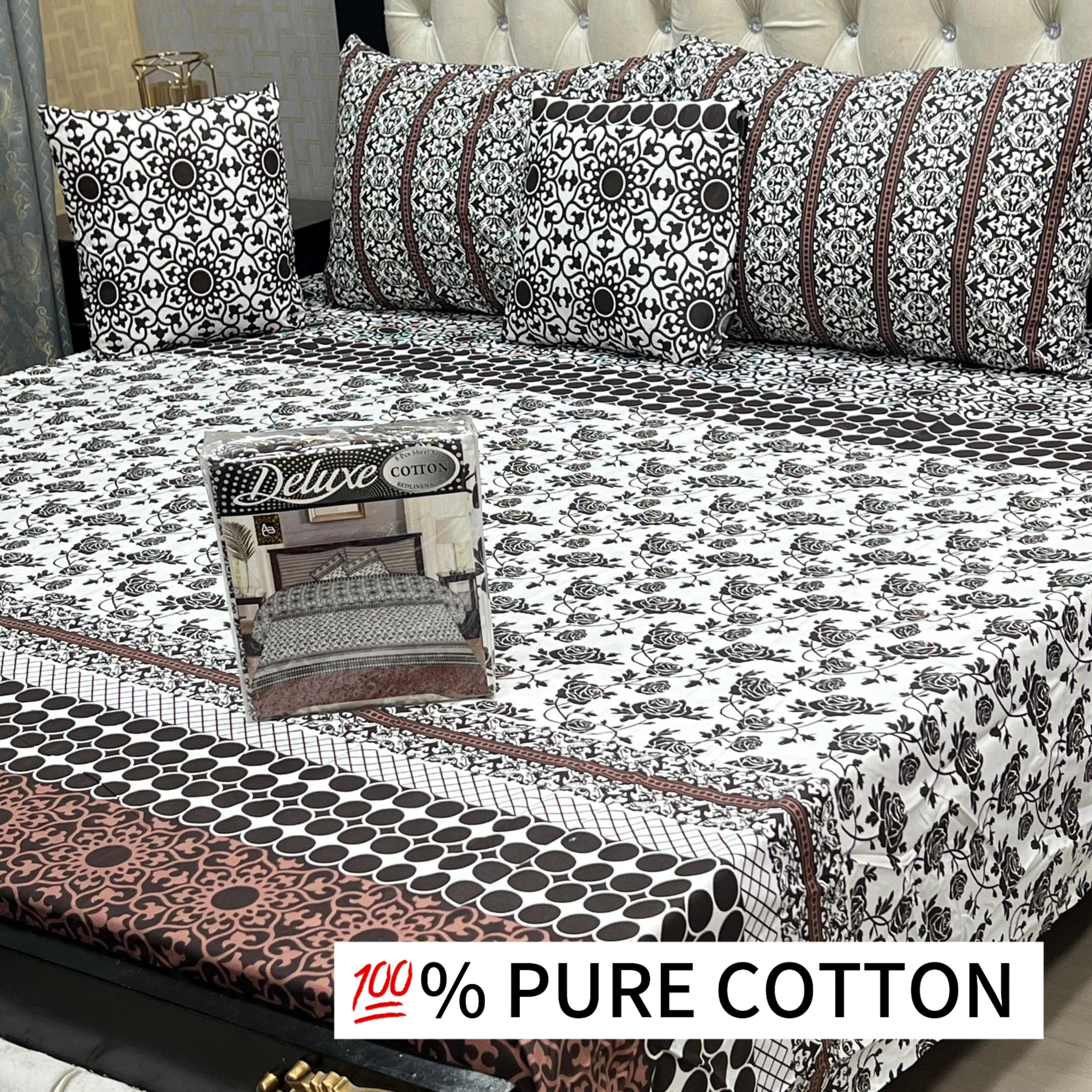5-Piece Pure Cotton Bedsheet Set – With Piping Pillows & Cushions (1 Set)