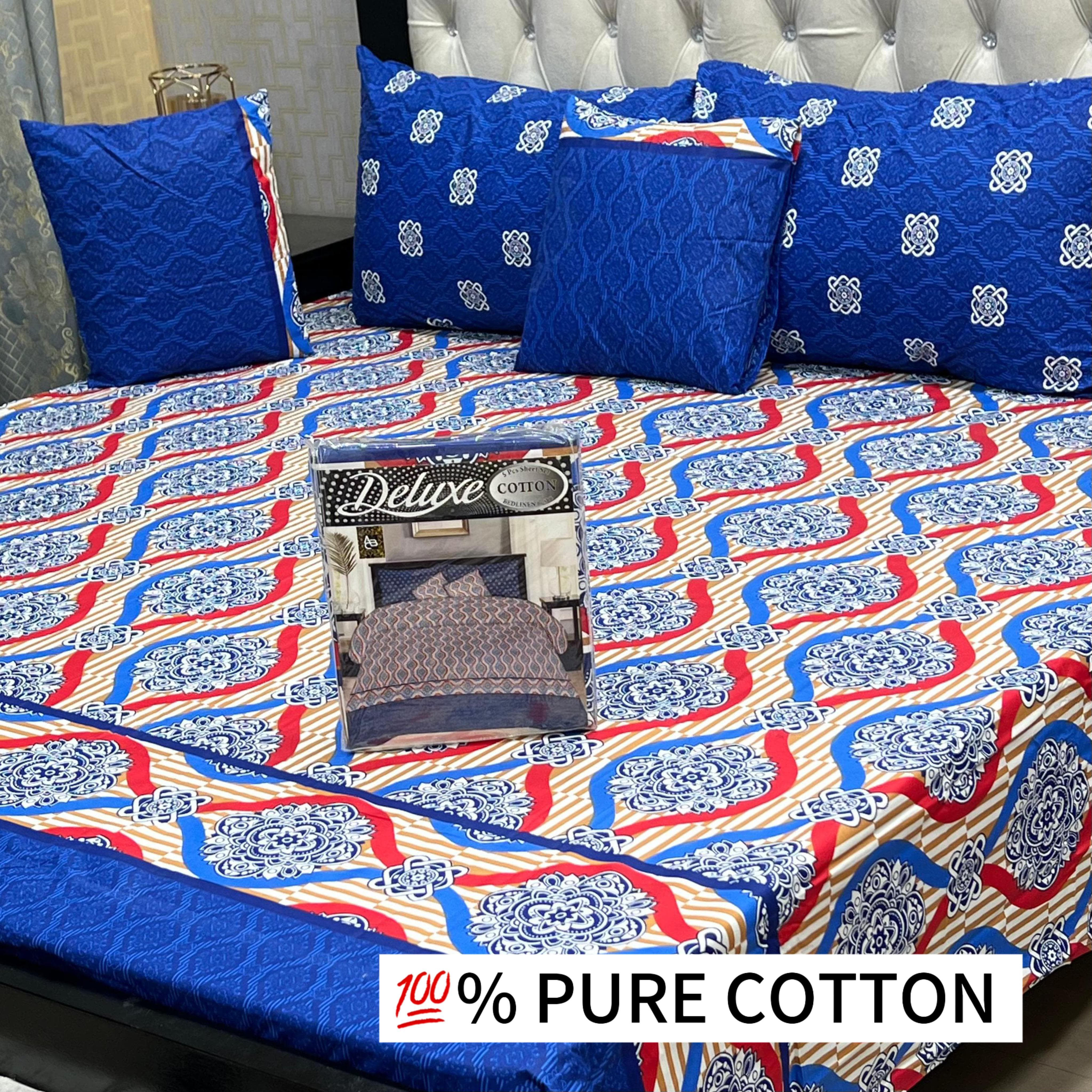 5-Piece Pure Cotton Bedsheet Set – With Piping Pillows & Cushions (1 Set)