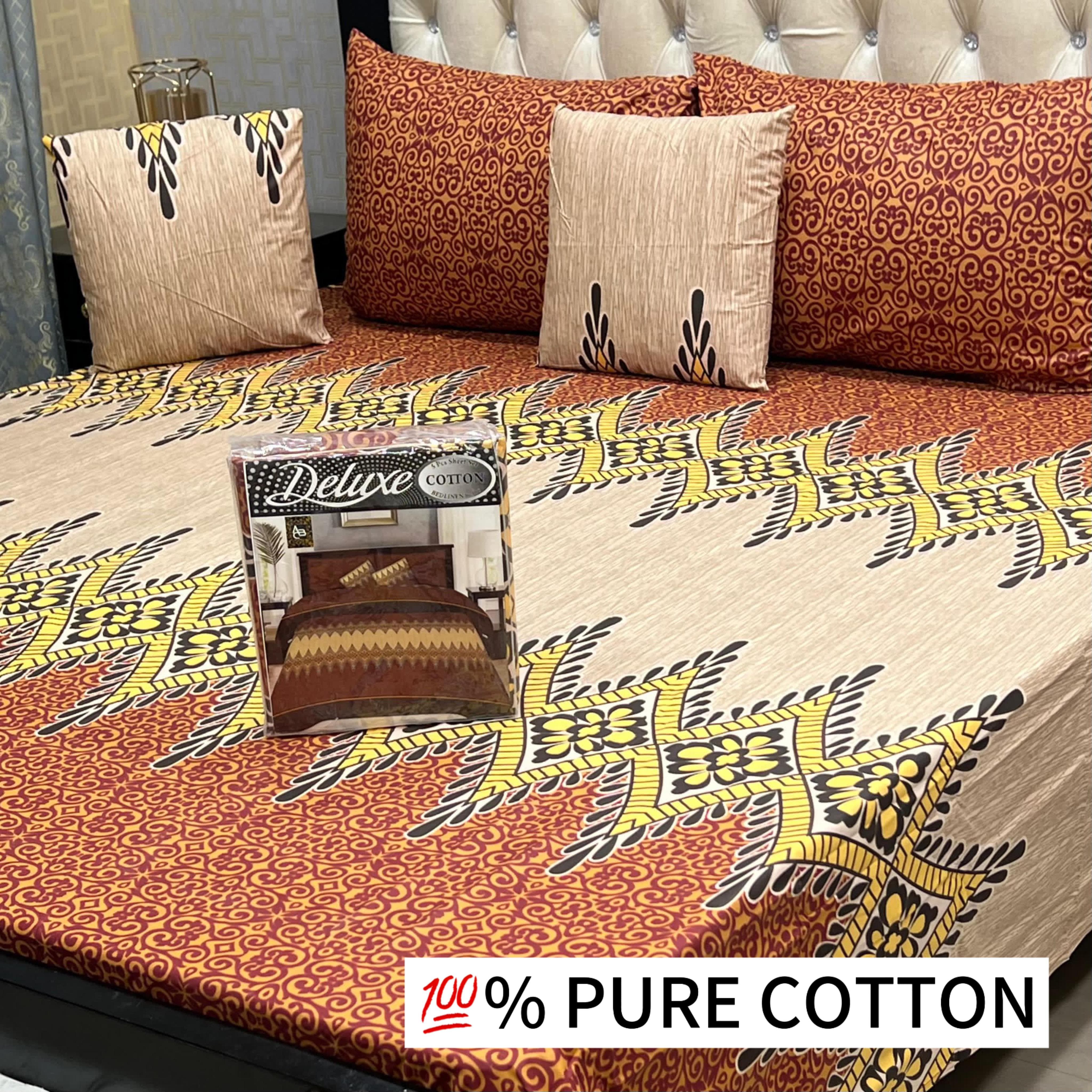 5-Piece Pure Cotton Bedsheet Set – With Piping Pillows & Cushions (1 Set)