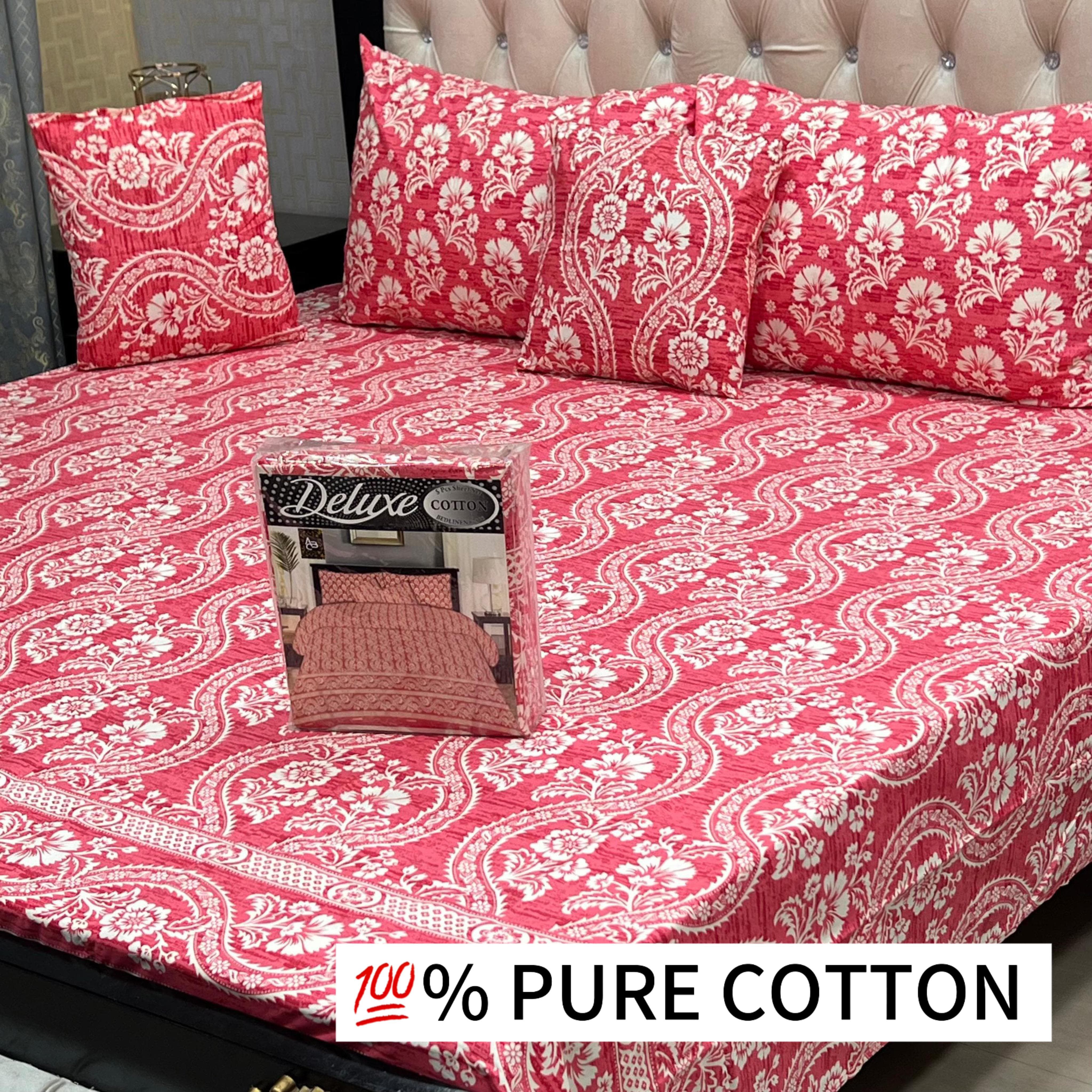5-Piece Pure Cotton Bedsheet Set – With Piping Pillows & Cushions (1 Set)