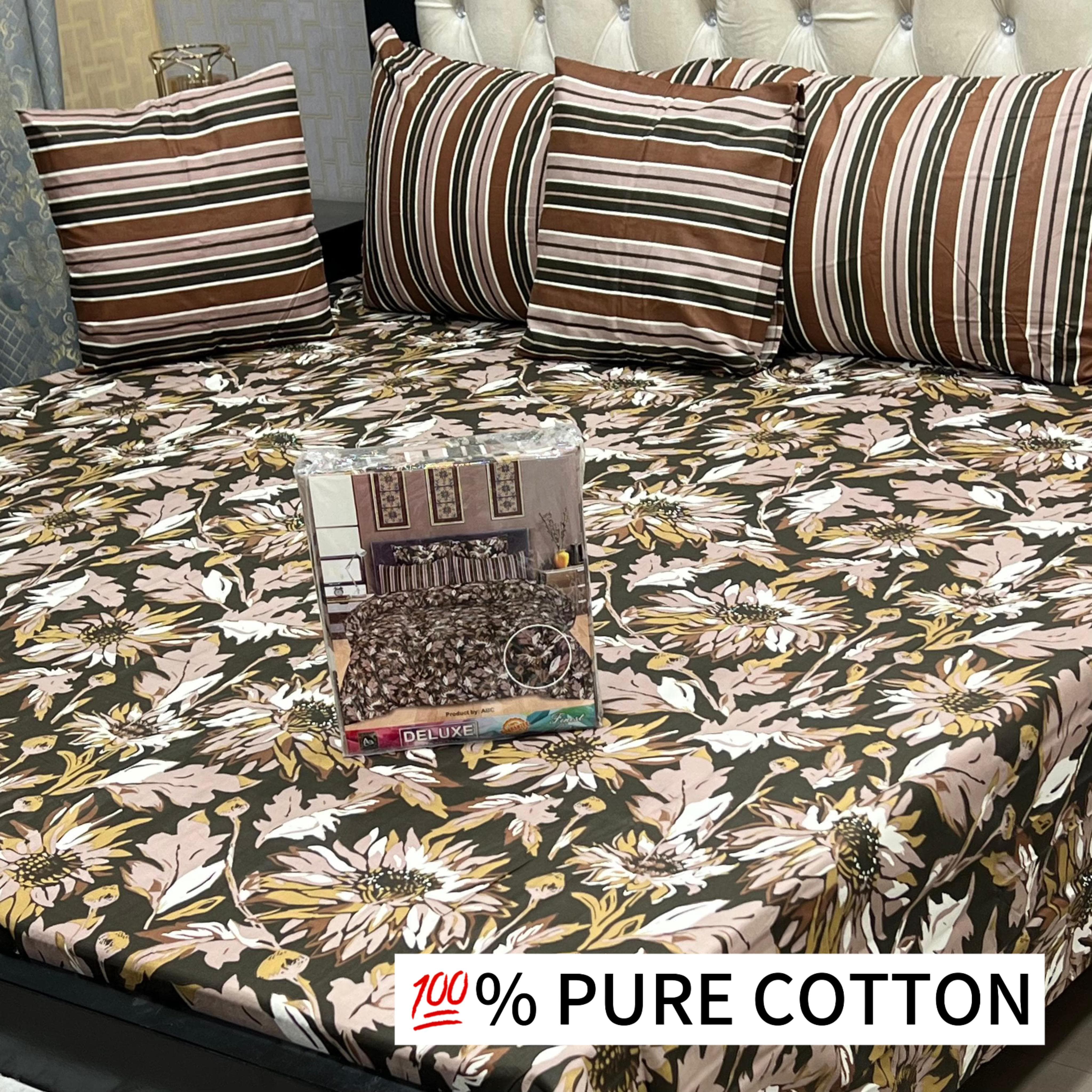 5-Piece Pure Cotton Bedsheet Set – With Piping Pillows & Cushions (1 Set)